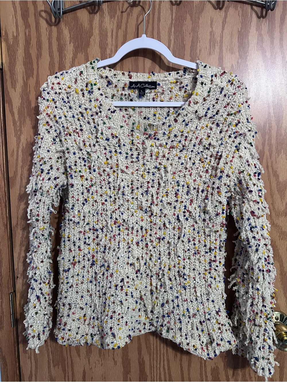 A+A Collection Rainbow Confetti Sweater Chunky Knit Scalloped Hem Bohemian Sz L